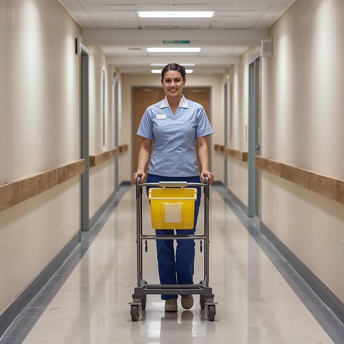 Addetta alle pulizie con carrello professionale in un corridoio sanitario