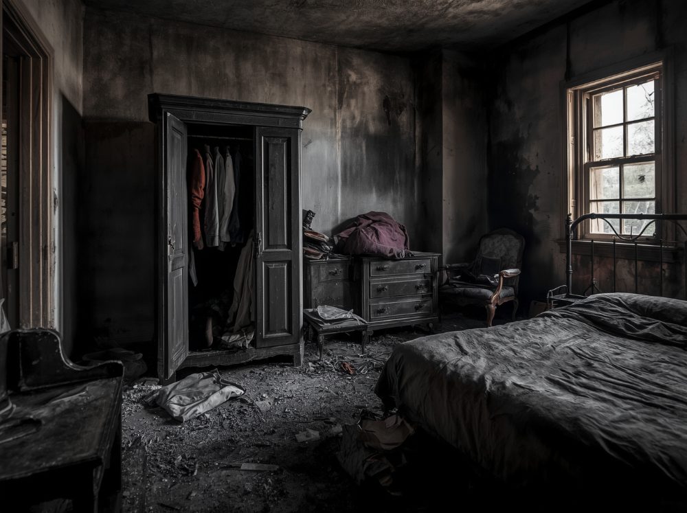 Camera bruciata con armadio e vestiti carbonizzati dopo un incendio (immagine illustrativa)