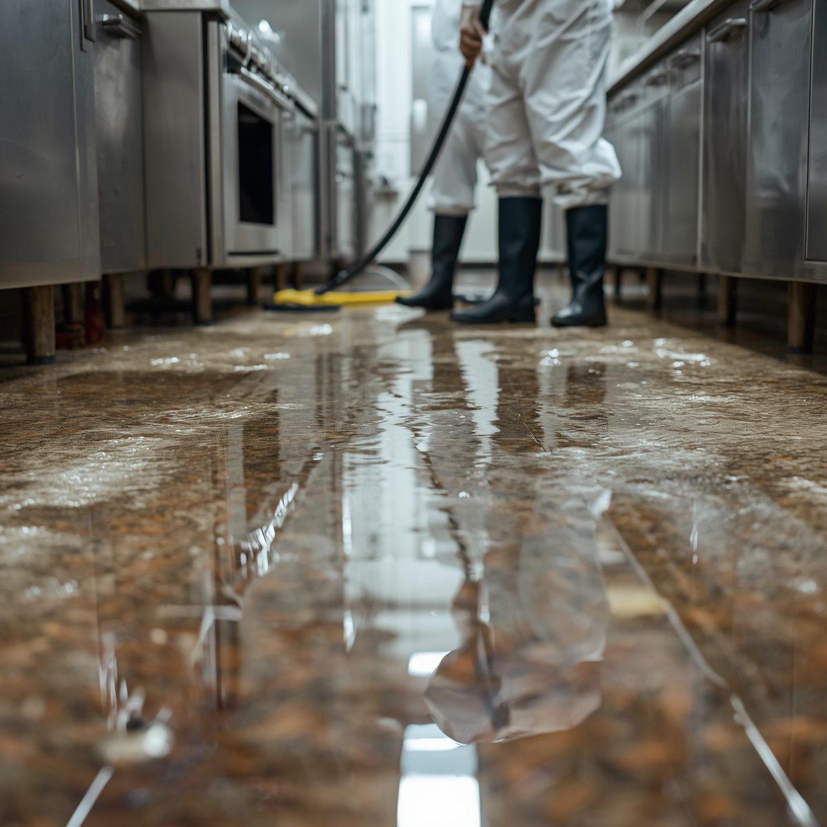 Cucina allagata e tecnico che inizia la bonifica
