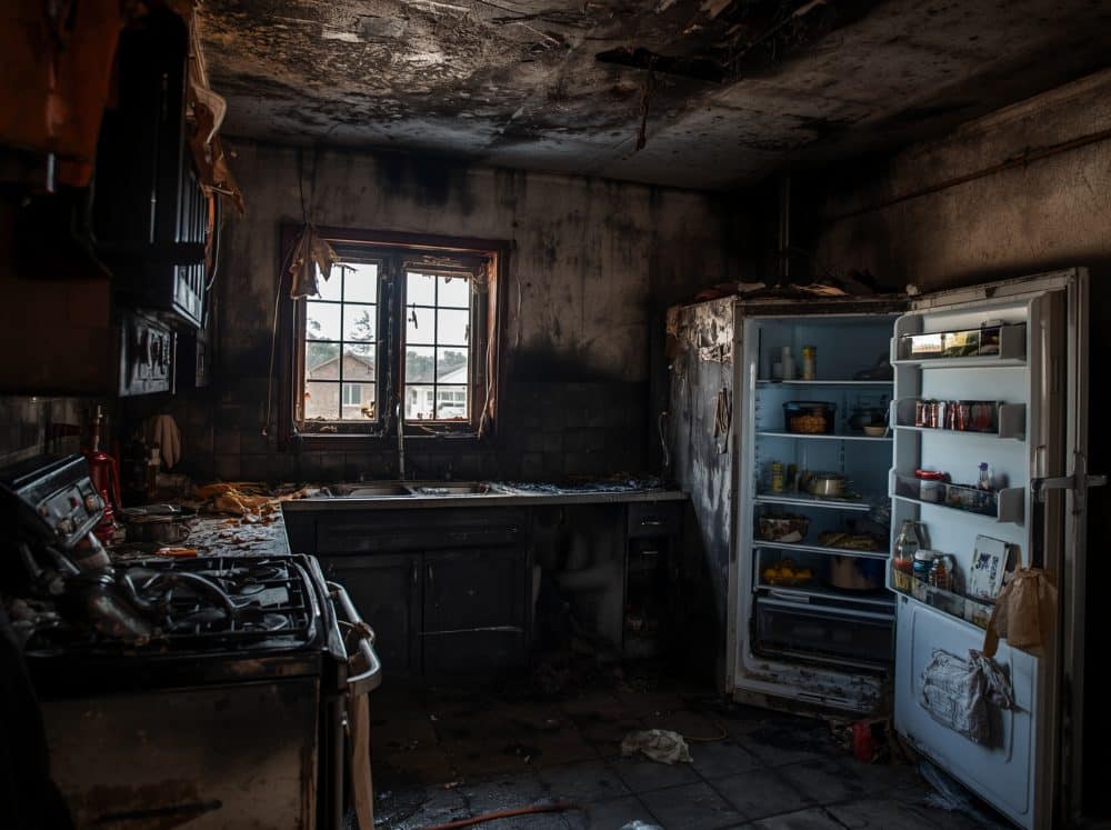 Cucina con soffitto annerito dal fumo dopo un incendio