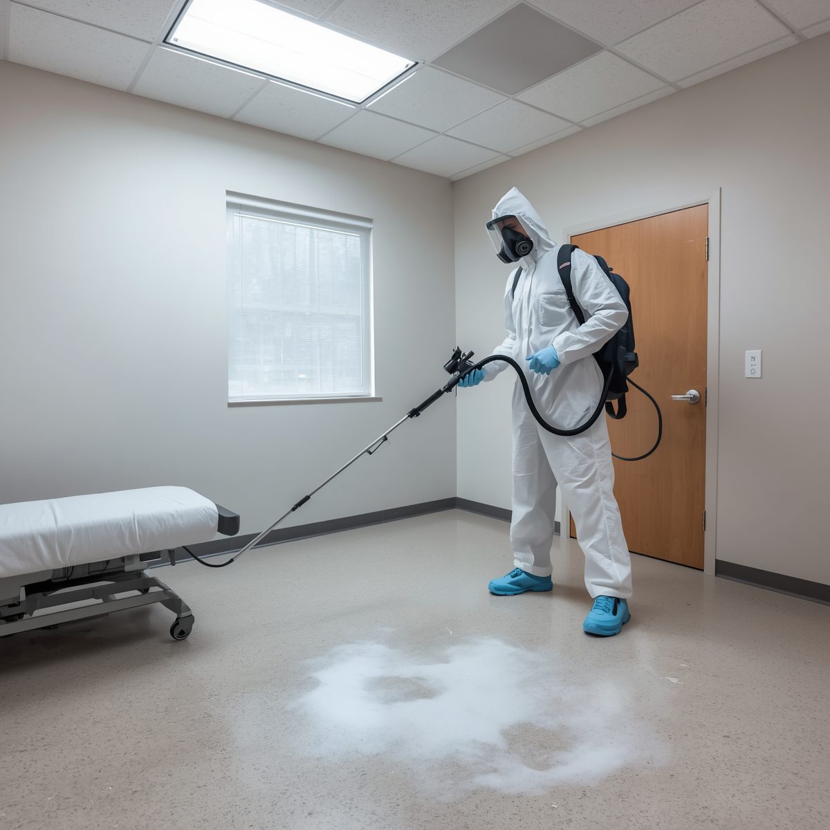 Tecnico in tuta protettiva che disinfetta una camera vuota
