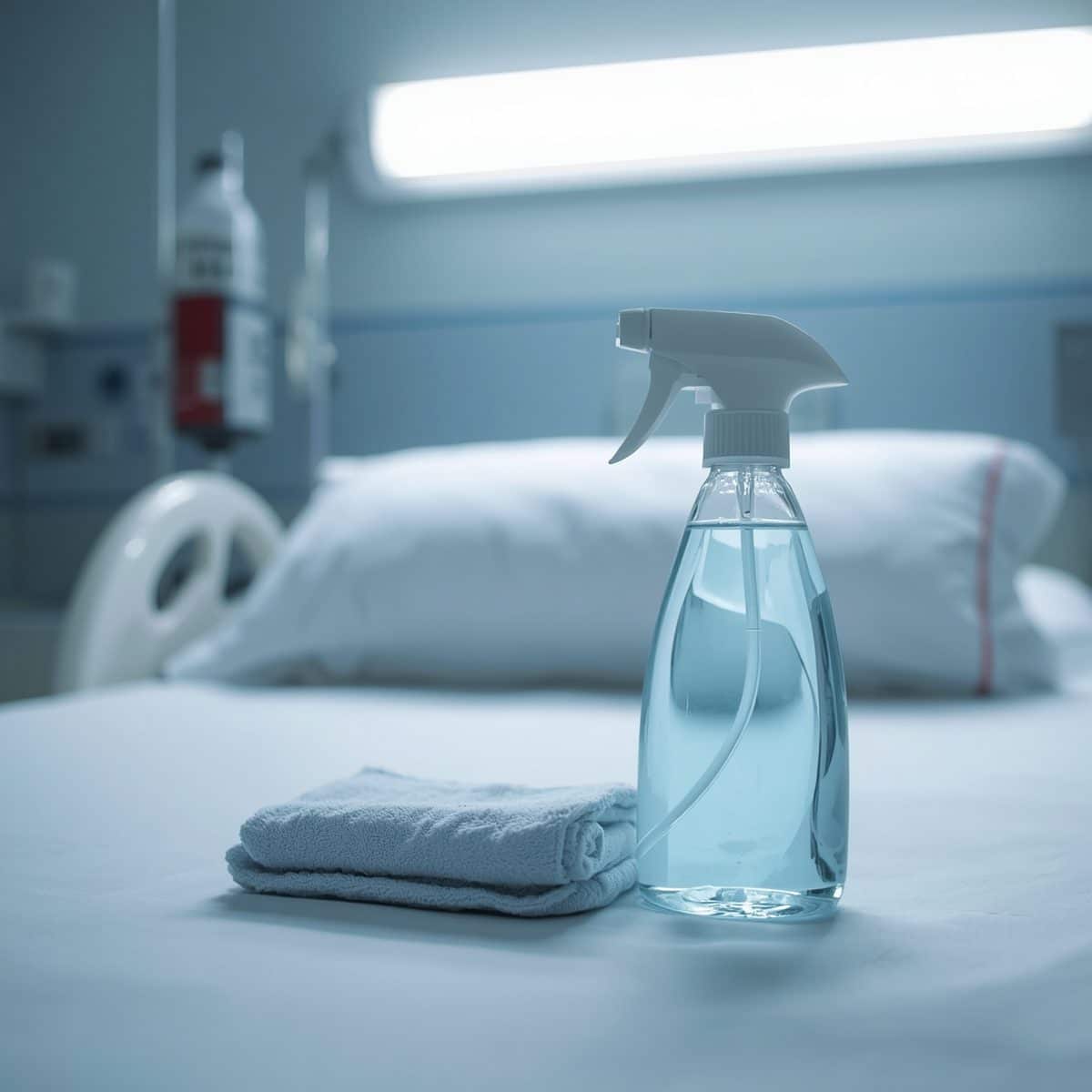 Flacone di detergente e panno su un comodino ospedaliero