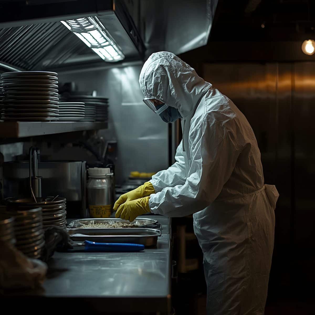 Tecnico al lavoro in una cucina chiusa di notte
