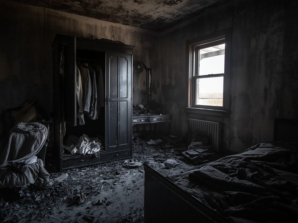 Letto e tessuti anneriti in una camera dopo un incendio (immagine illustrativa)