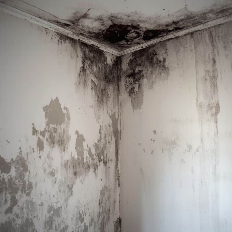 Prima: angolo tra parete e soffitto con muffa, ricostruzione illustrativa