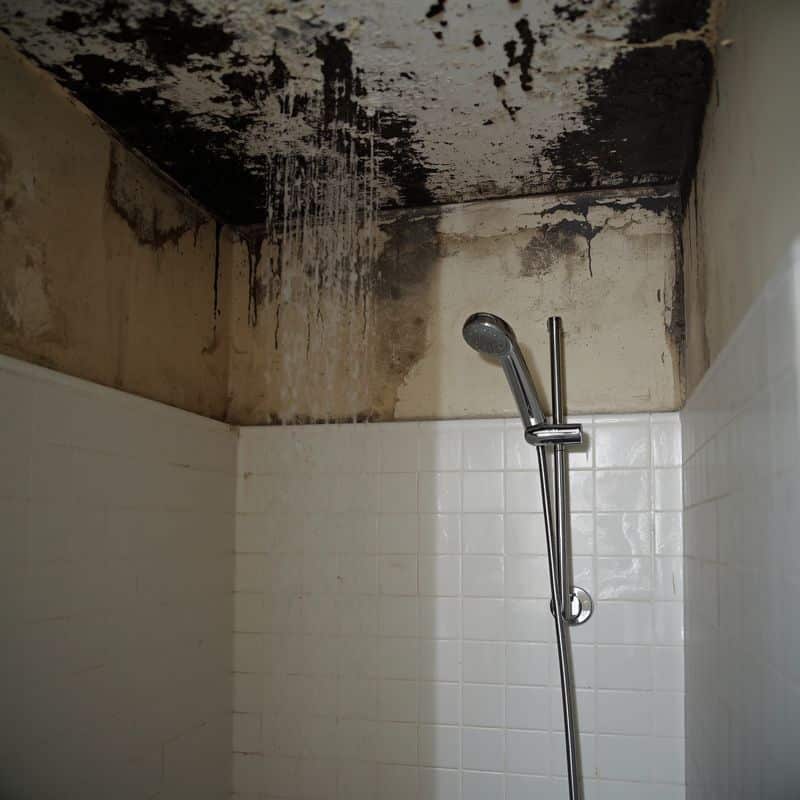 Prima: soffitto del bagno cieco con muffa sopra la doccia, ricostruzione illustrativa