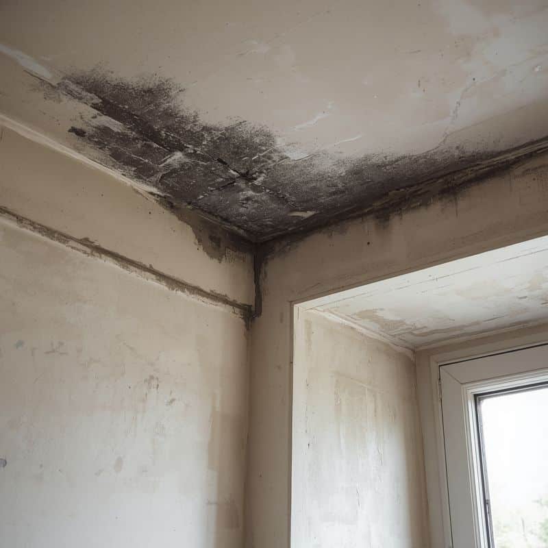 Prima: soffitto vicino alla finestra con muffa da ponte termico, ricostruzione illustrativa