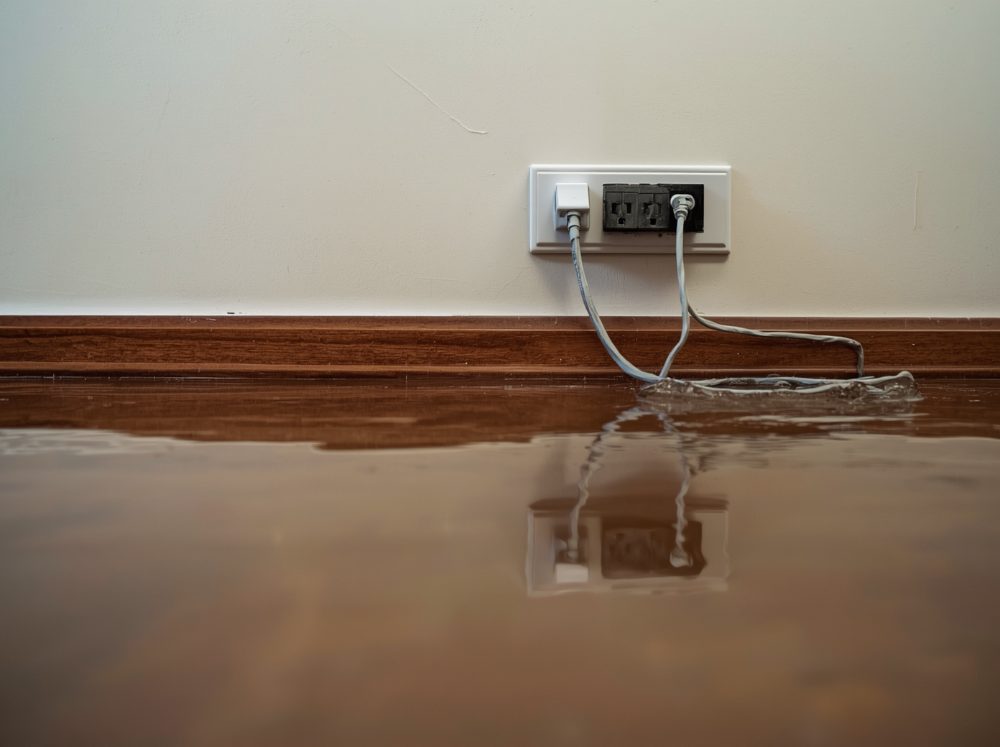 Presa elettrica a filo del pavimento bagnato in una casa allagata (immagine illustrativa)
