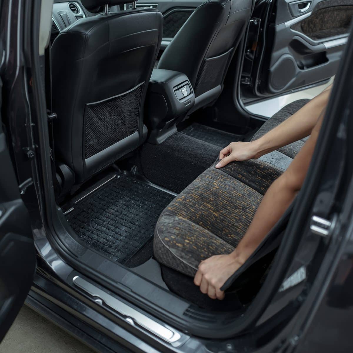 Moquette e sedili rimossi da un’auto in officina