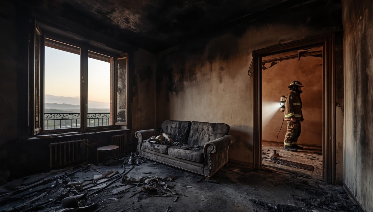 Salotto annerito dopo un incendio
