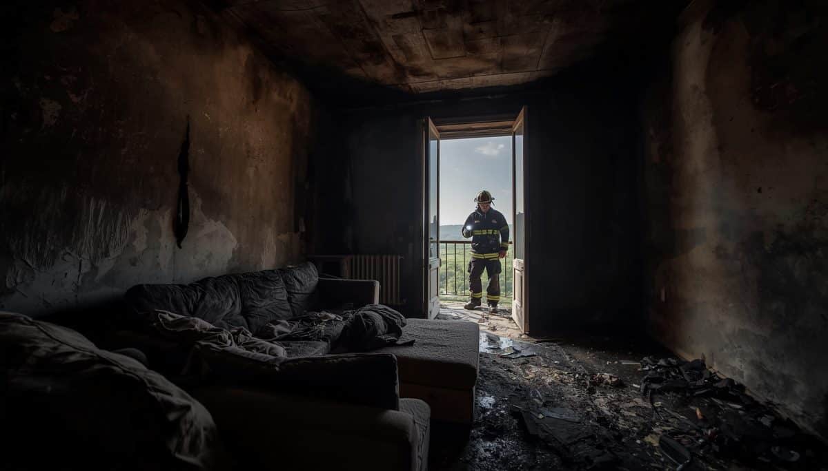 Salotto incendiato con il vigile del fuoco al balcone