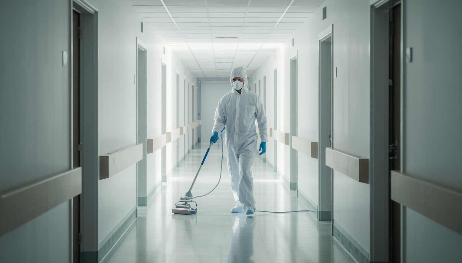 Corridoio di una struttura sanitaria dopo la sanificazione (immagine illustrativa)