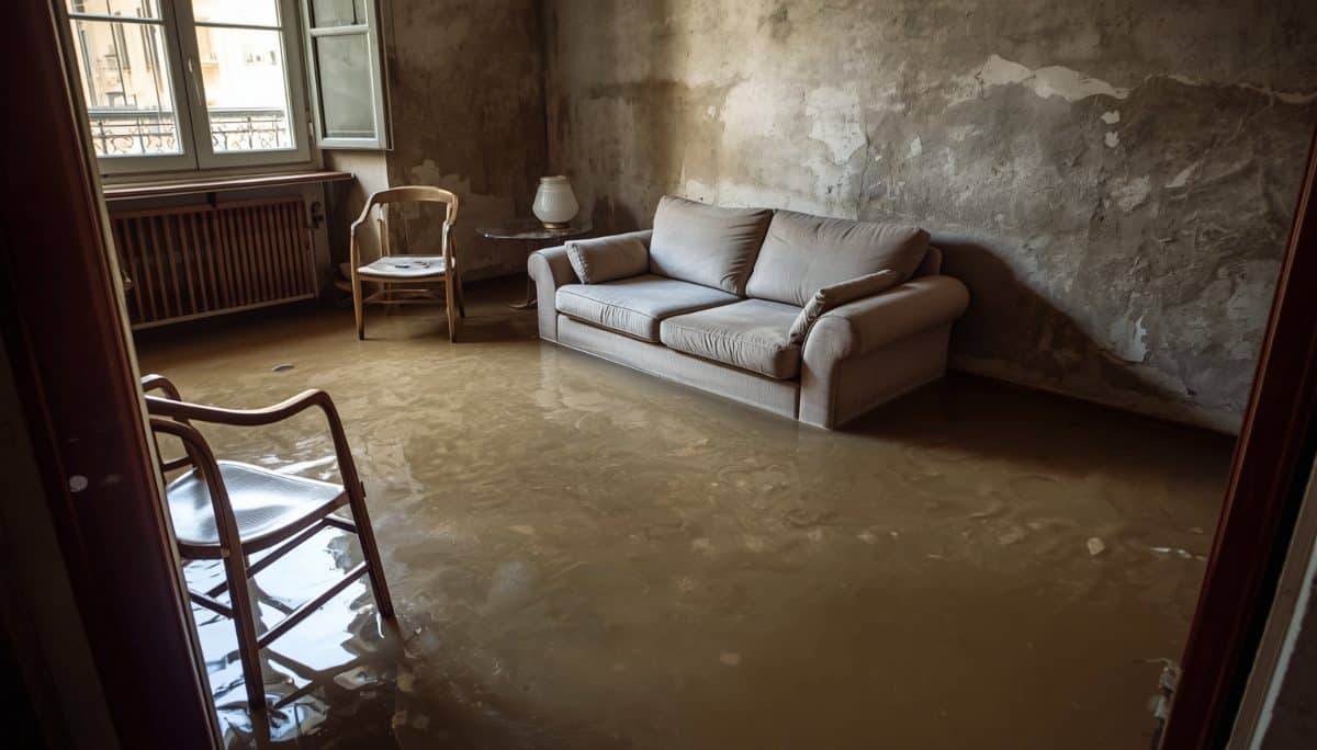 Soggiorno allagato con acqua fangosa
