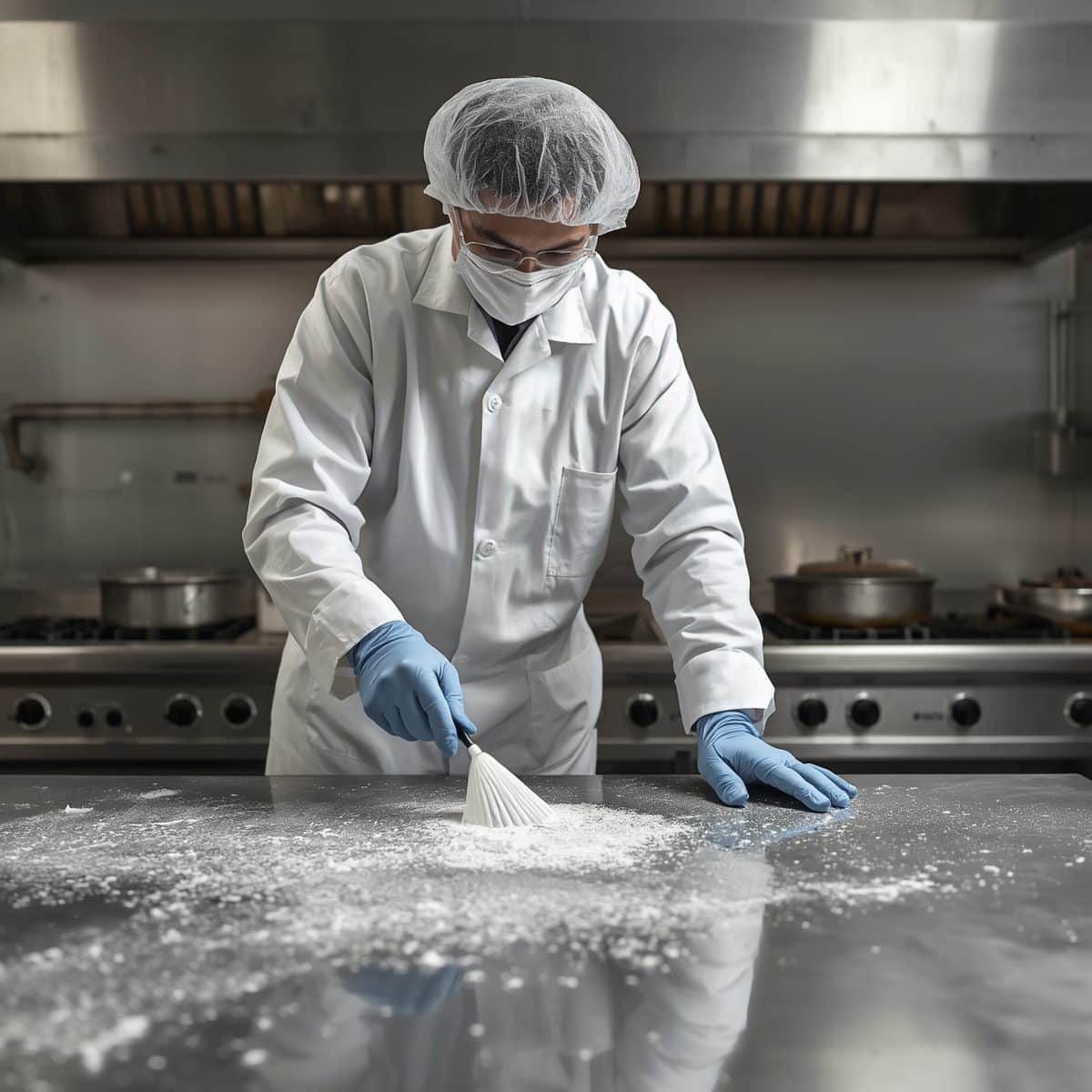 Tecnico che disinfetta un piano di lavoro in acciaio in una cucina professionale