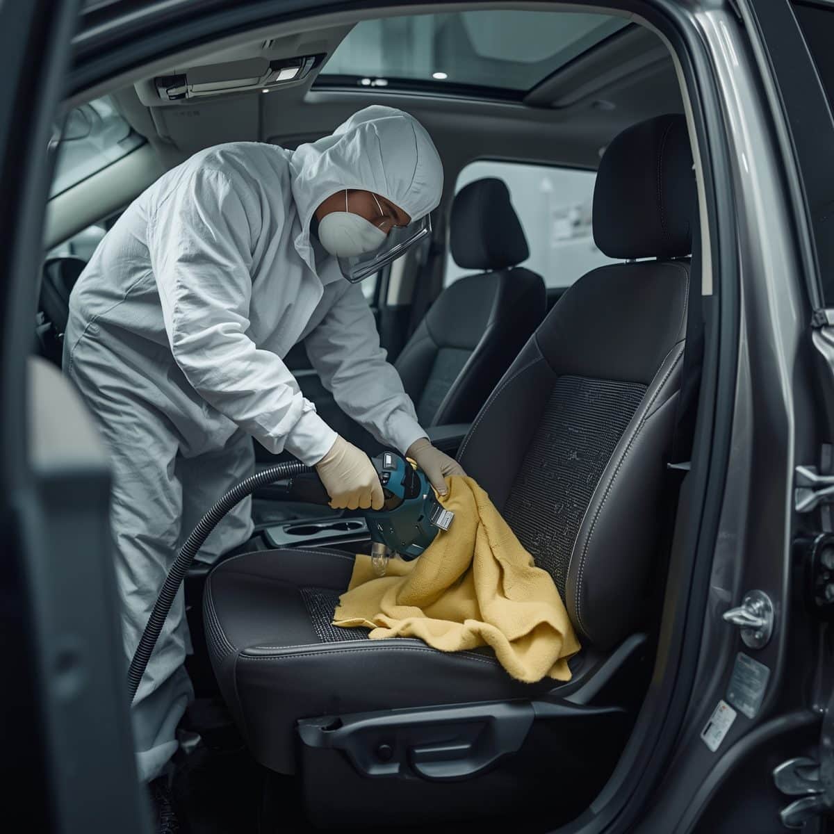 Tecnico che tratta i sedili di un’auto con estrazione a iniezione